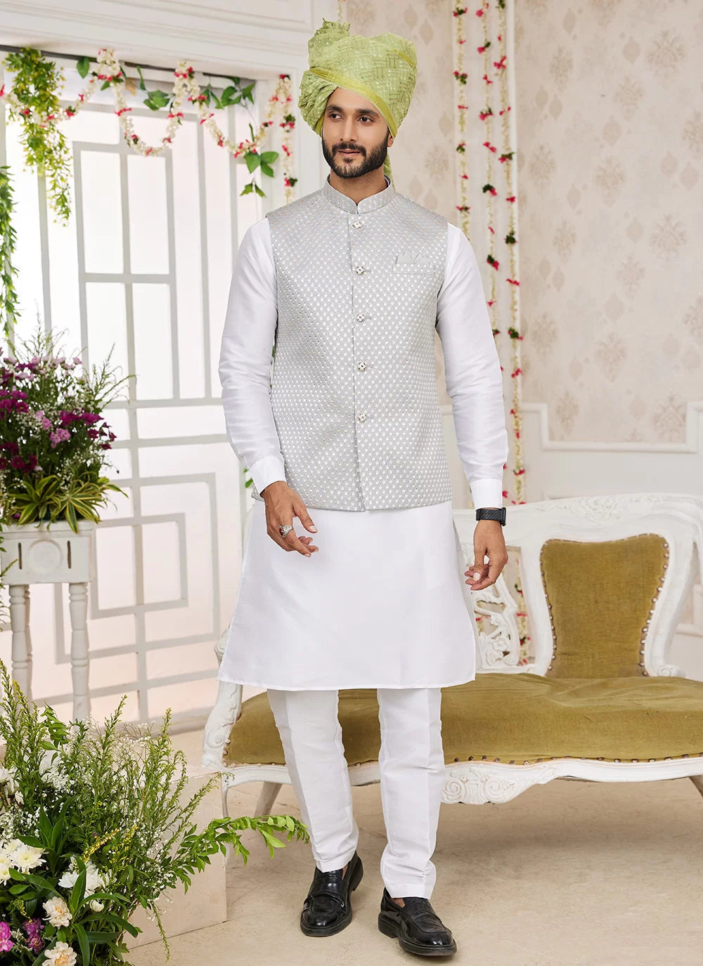 Raivat Ethnic Art Silk Embroidery Work Jacket Set In Grey Colour | Grocsy