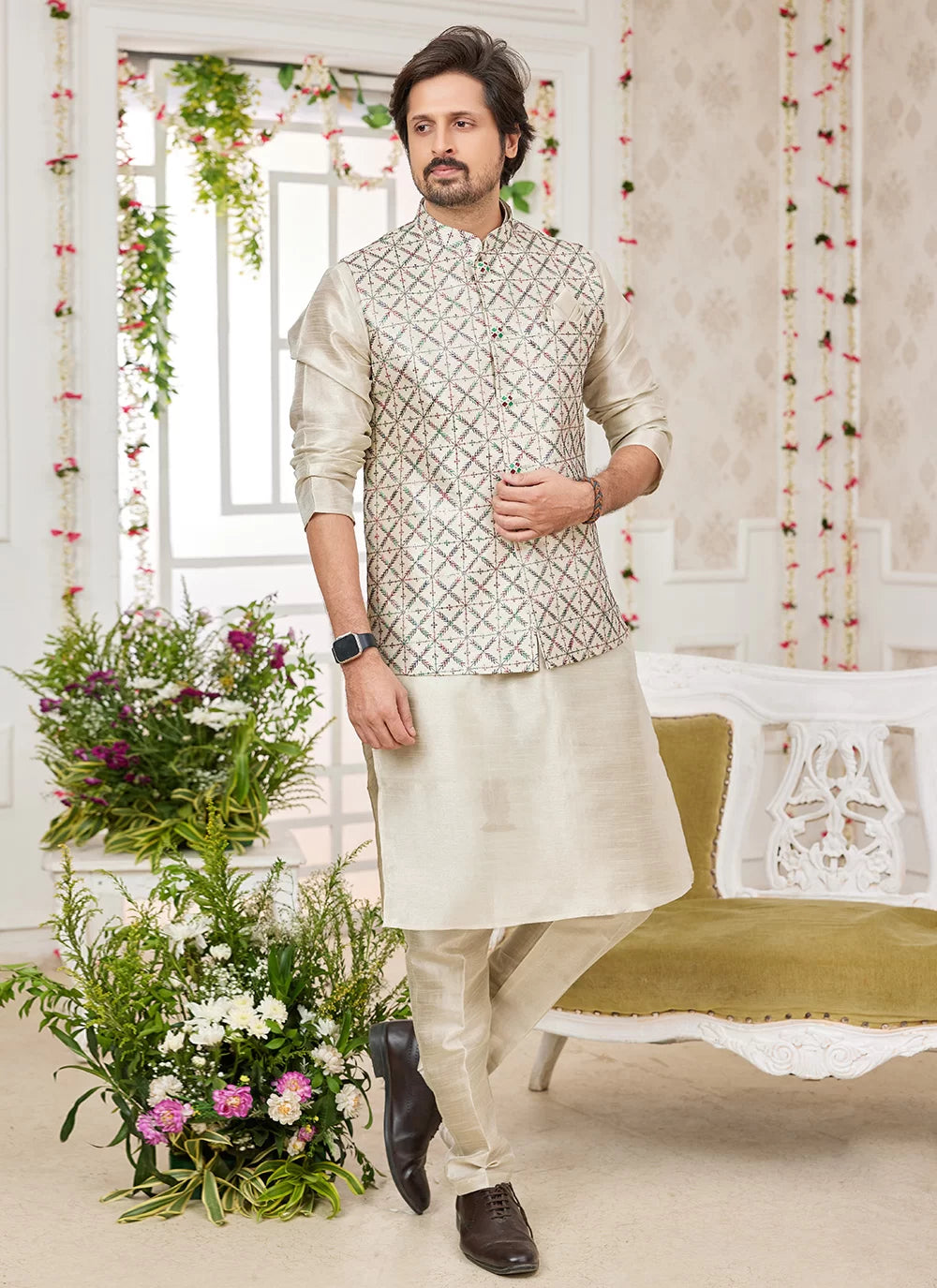 Raivat Ethnic Art Silk Embroidery Work Jacket Set In Pista Green Colour | Grocsy