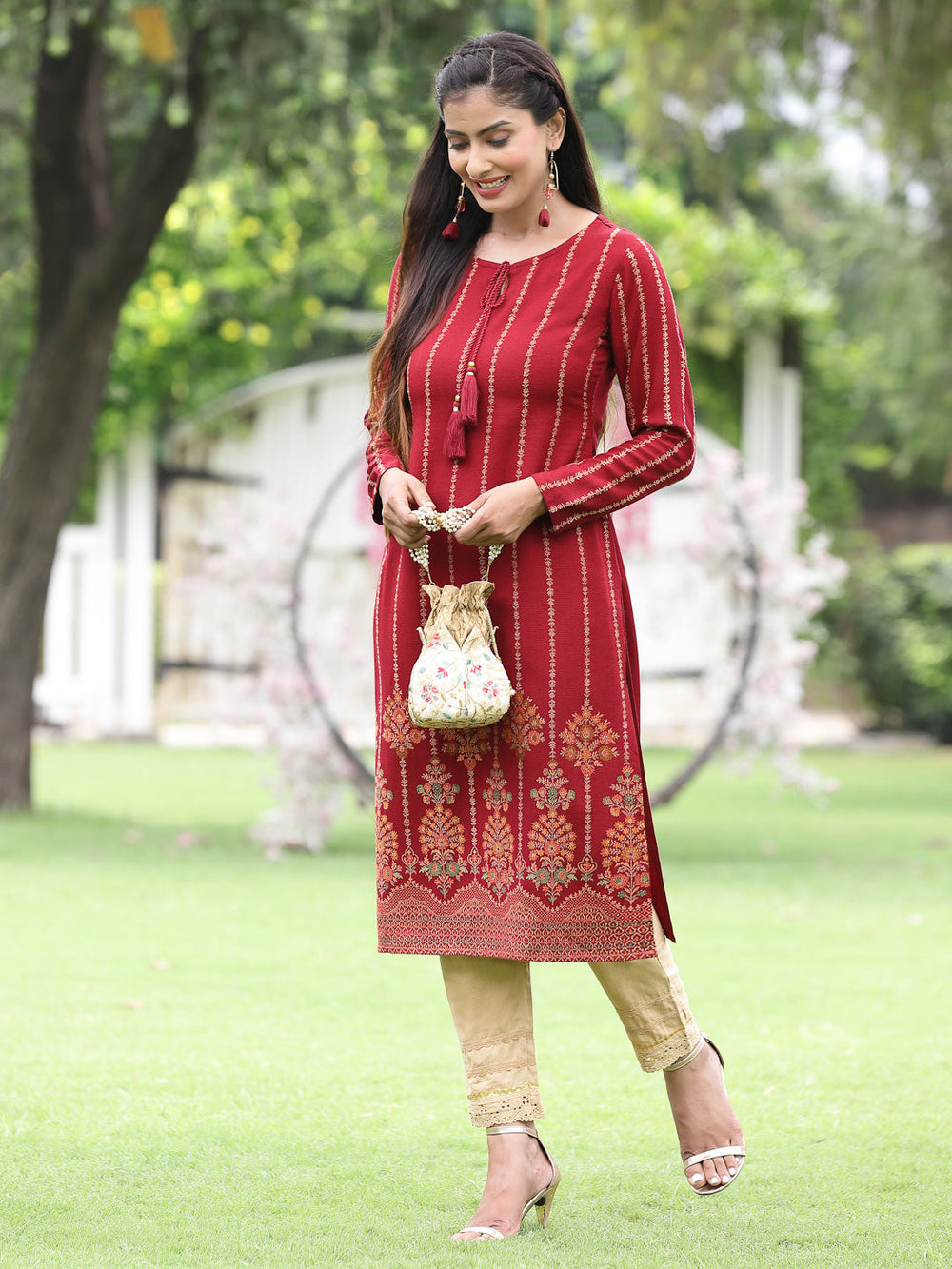 Juniper Women Women's Acrylyc Viscose Jaquard Knit Maroon Printed Straight Festive Kurta | Grocsy