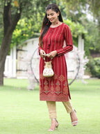 Juniper Women Women's Acrylyc Viscose Jaquard Knit Maroon Printed Straight Festive Kurta | Grocsy