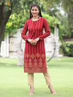 Juniper Women Women's Acrylyc Viscose Jaquard Knit Maroon Printed Straight Festive Kurta | Grocsy