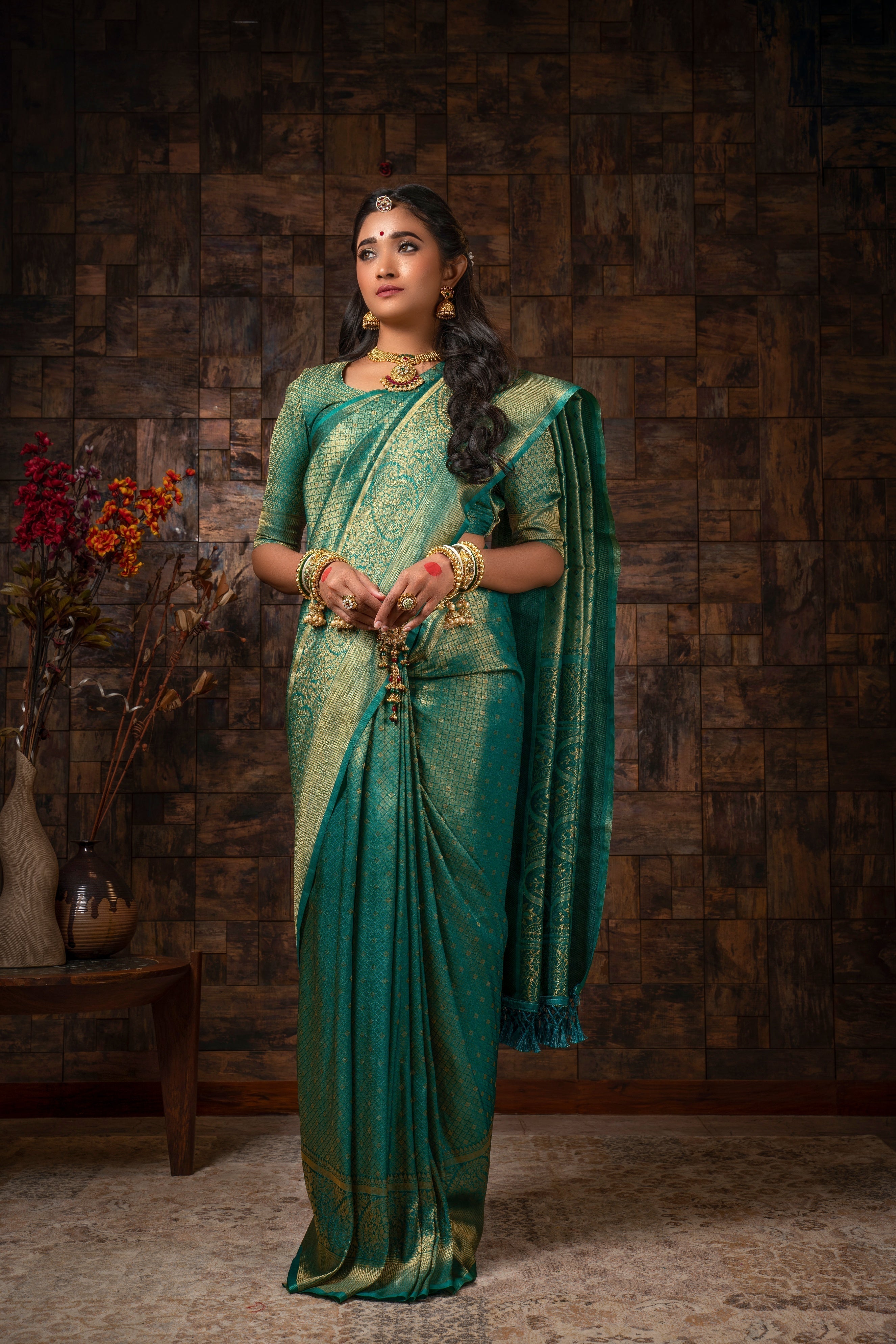 Vardha Turquoise Blue Golden Zari Brocade Kanjeevaram Silk Saree | Grocsy