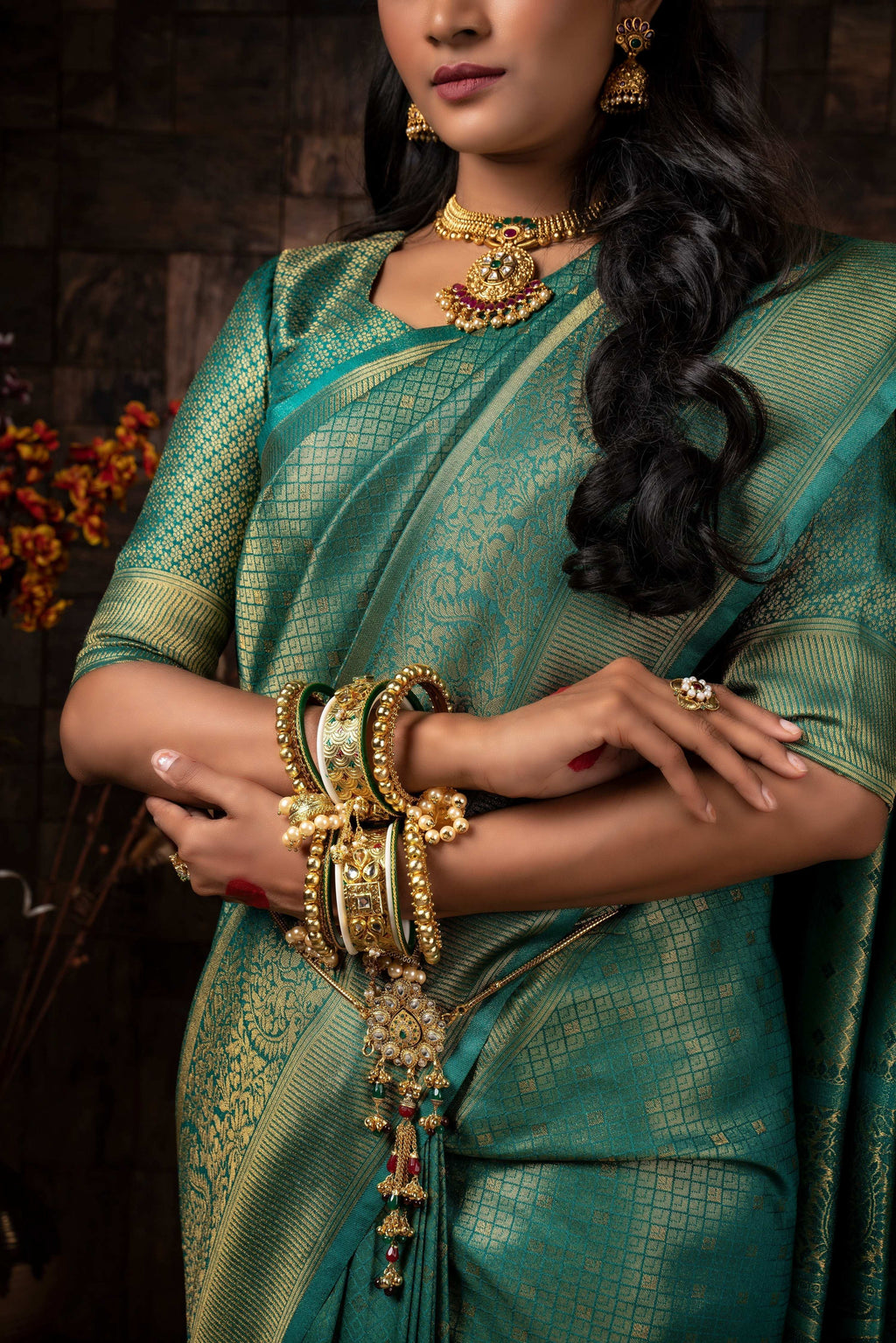 Vardha Turquoise Blue Golden Zari Brocade Kanjeevaram Silk Saree | Grocsy