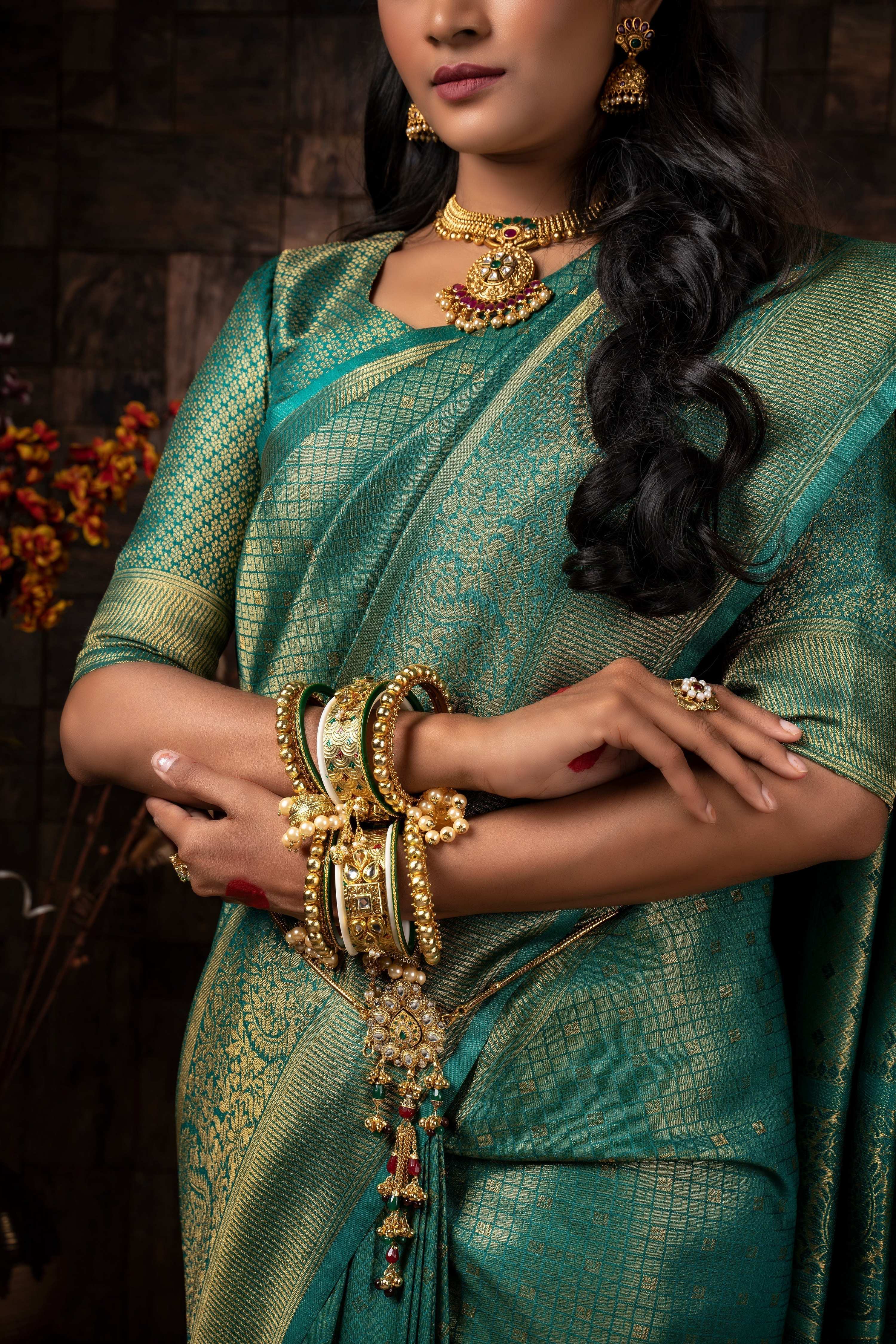 Vardha Turquoise Blue Golden Zari Brocade Kanjeevaram Silk Saree | Grocsy