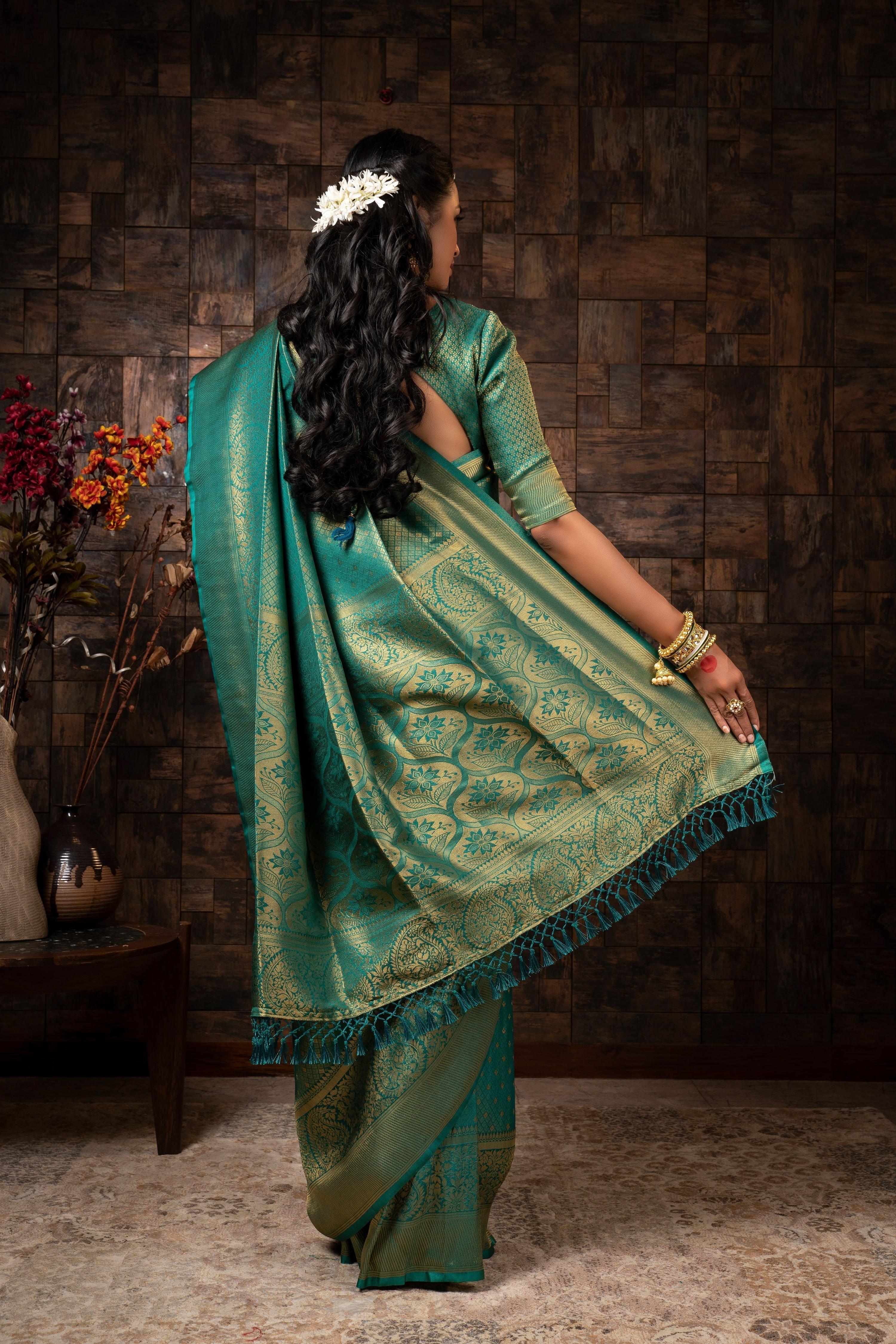 Vardha Turquoise Blue Golden Zari Brocade Kanjeevaram Silk Saree | Grocsy