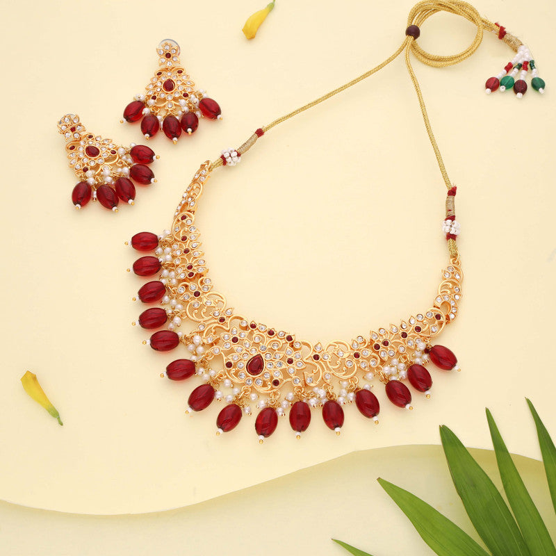 Tehzeeb Creations Gold-Polished Maroon & Green Colour Necklace With Stud | Grocsy