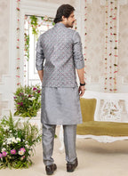 Raivat Ethnic Art Silk Embroidery Work Jacket Set In Dark Grey Colour | Grocsy