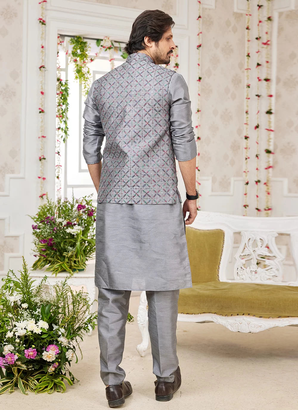 Raivat Ethnic Art Silk Embroidery Work Jacket Set In Dark Grey Colour | Grocsy
