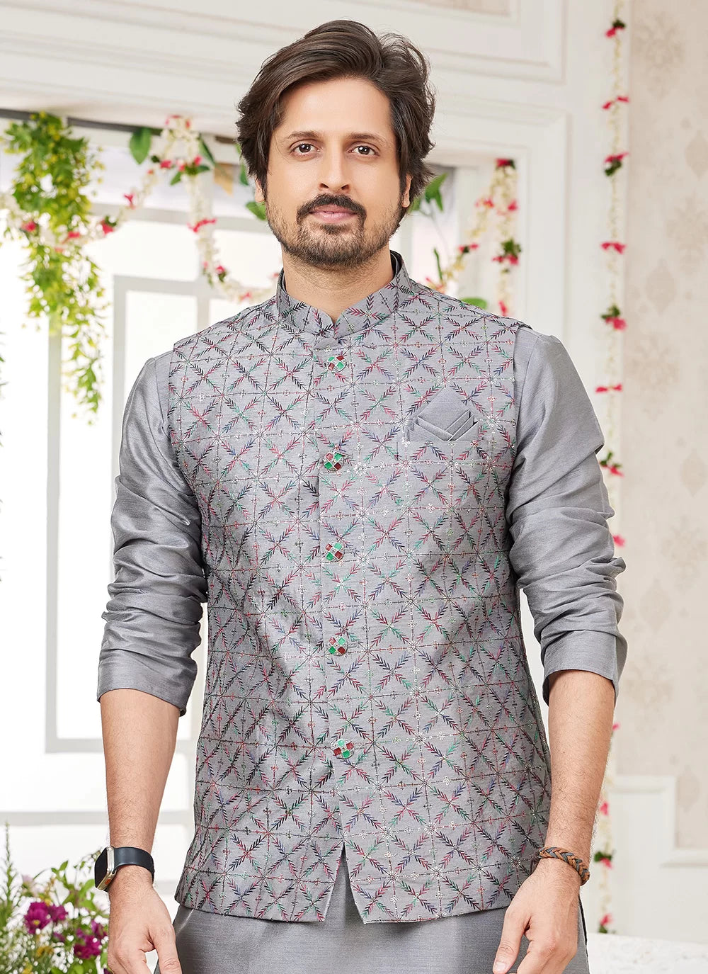 Raivat Ethnic Art Silk Embroidery Work Jacket Set In Dark Grey Colour | Grocsy