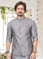Raivat Ethnic Art Silk Embroidery Work Jacket Set In Dark Grey Colour | Grocsy