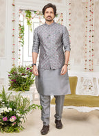 Raivat Ethnic Art Silk Embroidery Work Jacket Set In Dark Grey Colour | Grocsy