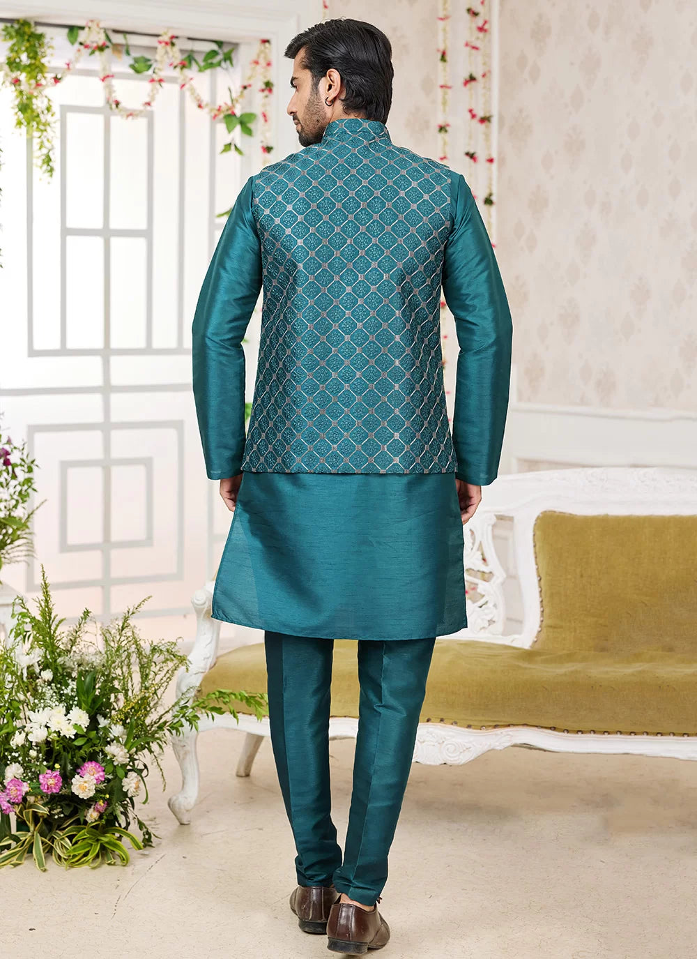 Raivat Ethnic Art Silk Embroidery Work Jacket Set In Rama Green Colour | Grocsy