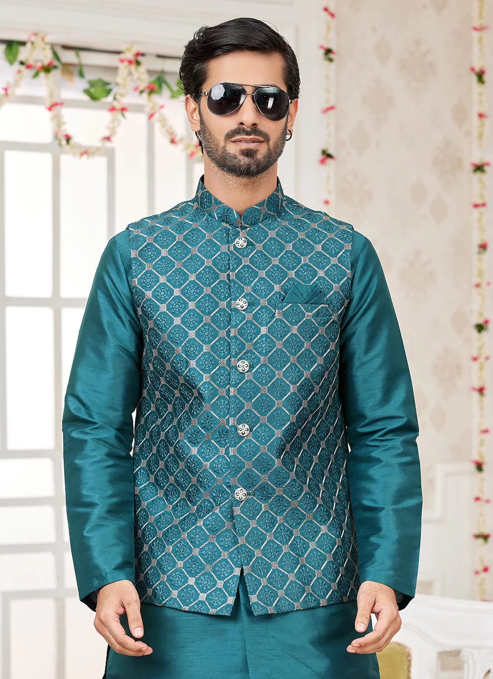 Raivat Ethnic Art Silk Embroidery Work Jacket Set In Rama Green Colour | Grocsy