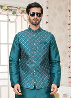 Raivat Ethnic Art Silk Embroidery Work Jacket Set In Rama Green Colour | Grocsy