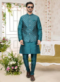 Raivat Ethnic Art Silk Embroidery Work Jacket Set In Rama Green Colour | Grocsy