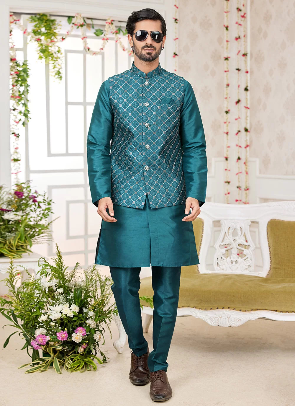 Raivat Ethnic Art Silk Embroidery Work Jacket Set In Rama Green Colour | Grocsy