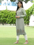 Juniper Women Women's Acrylyc Viscose Jaquard Knit Green Printed Straight Festive Kurta | Grocsy