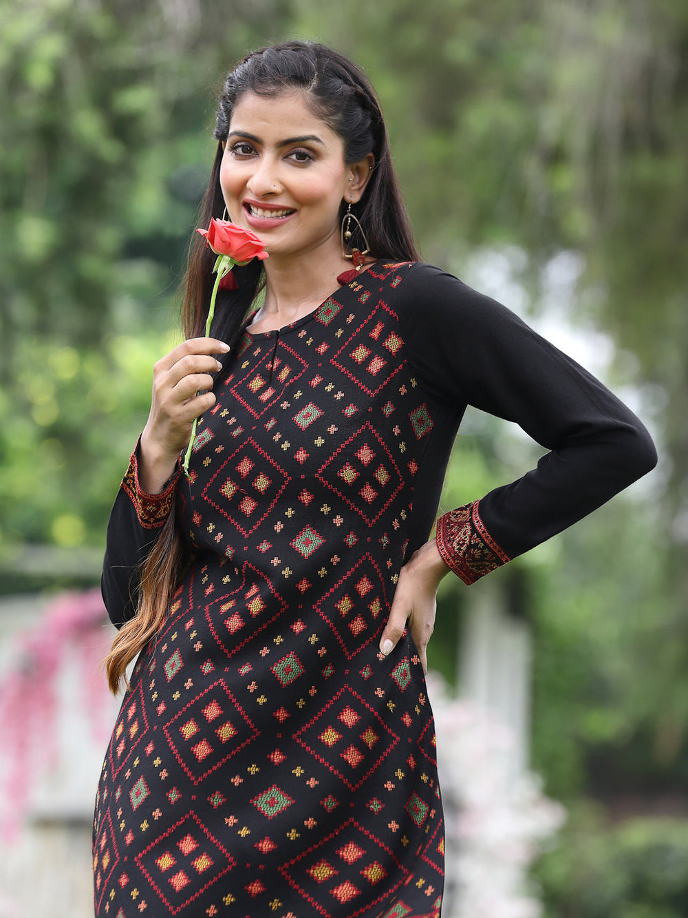 Juniper Women Women's Acrylyc Viscose Jaquard Knit Black Printed Straight Festive Kurta | Grocsy