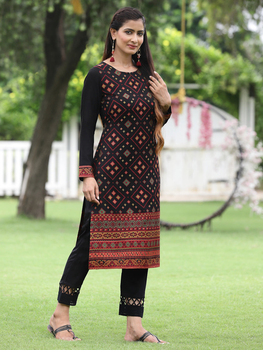 Juniper Women Women's Acrylyc Viscose Jaquard Knit Black Printed Straight Festive Kurta | Grocsy