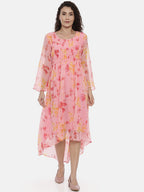 Souchii Women Beautiful Pink Floral Printed A-Line Dress | Grocsy