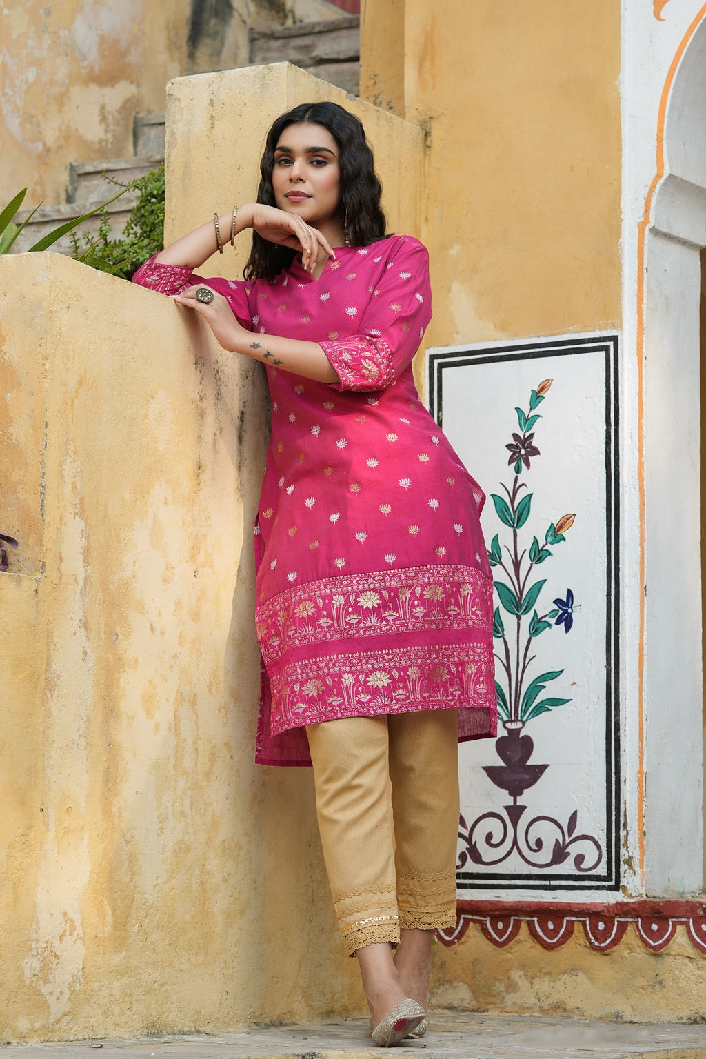 Juniper Fuchsia Ethnic Motif Printed Mono Viscose Straight Kurta | Grocsy