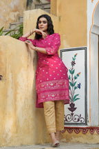 Juniper Fuchsia Ethnic Motif Printed Mono Viscose Straight Kurta | Grocsy