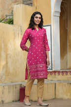 Juniper Fuchsia Ethnic Motif Printed Mono Viscose Straight Kurta | Grocsy
