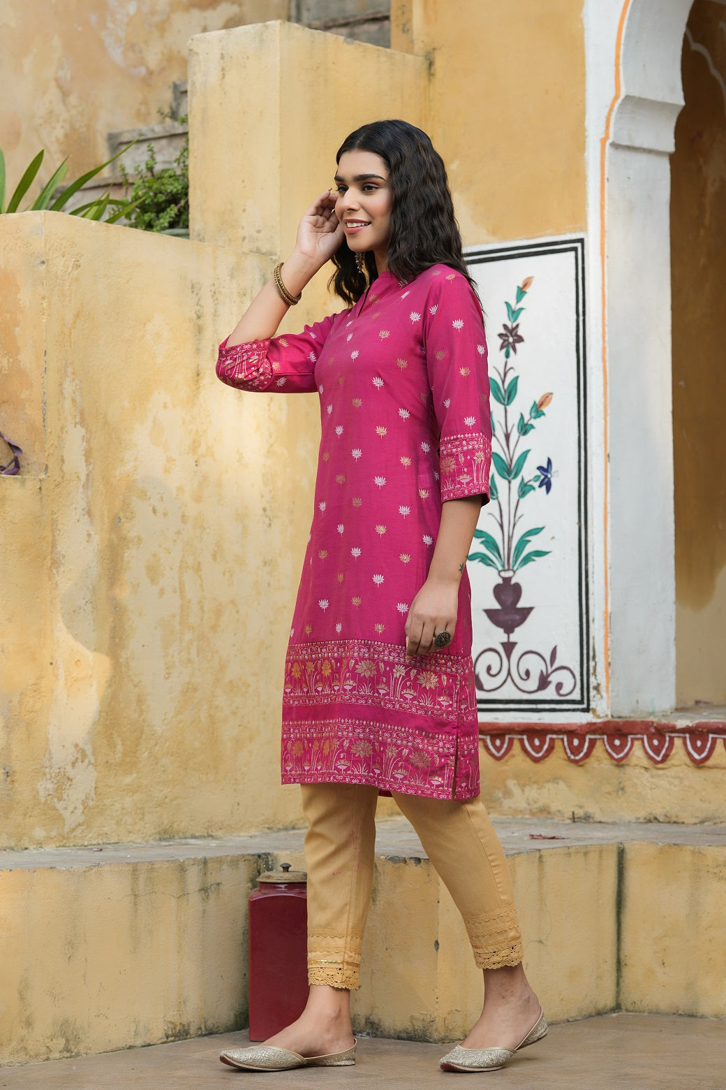 Juniper Fuchsia Ethnic Motif Printed Mono Viscose Straight Kurta | Grocsy