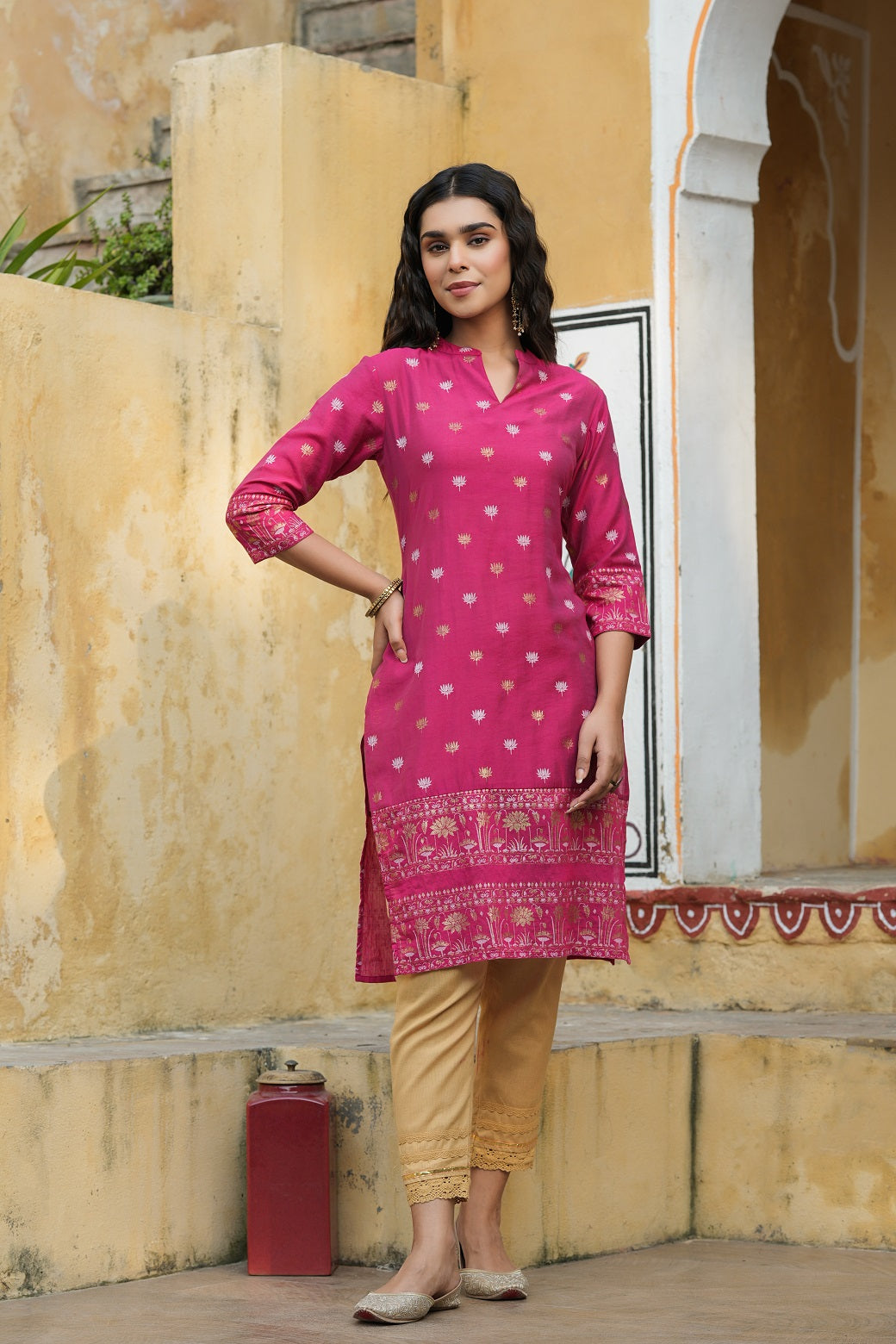 Juniper Fuchsia Ethnic Motif Printed Mono Viscose Straight Kurta | Grocsy