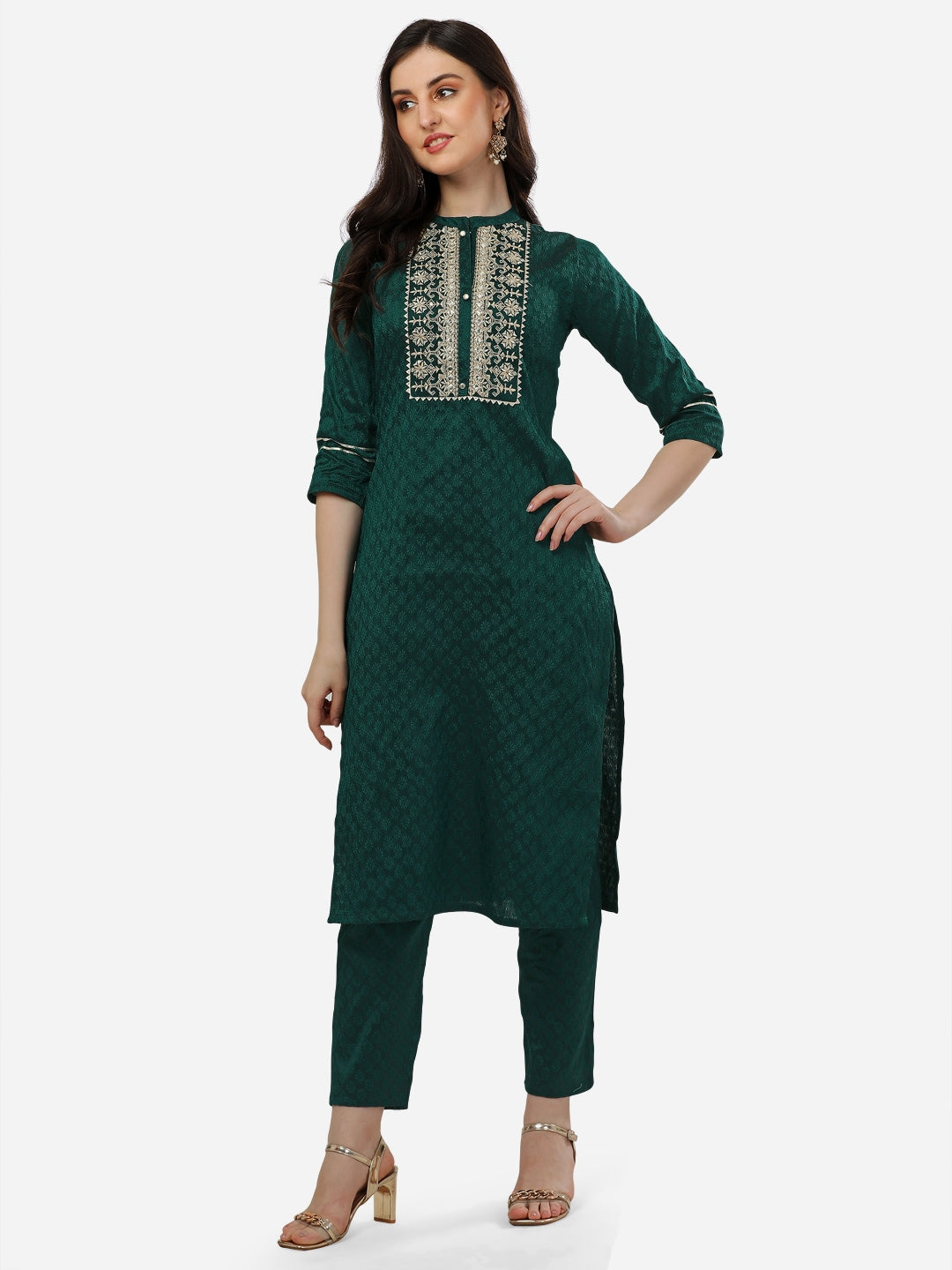HERE&NOW Women Embroidered Thread Work Kurta with Trousers | Grocsy