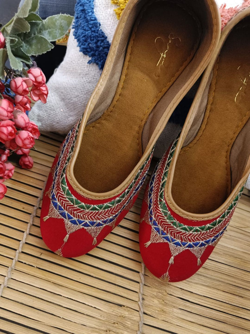 Desi Colour Women Indian Ethnic Footwear-Embroidered Red Zari | Grocsy