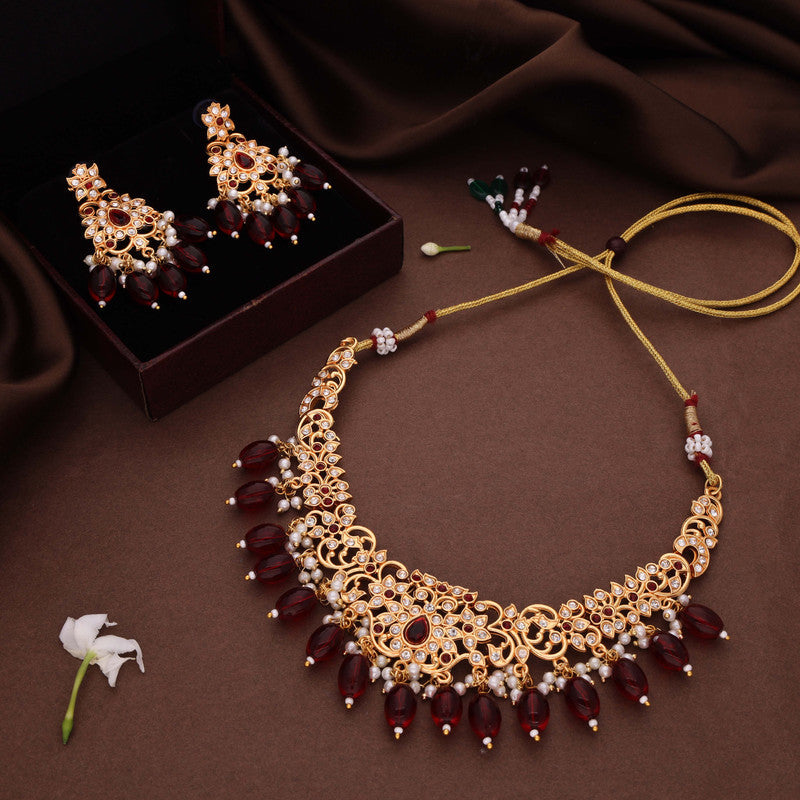 Tehzeeb Creations Gold-Polished Maroon & Green Colour Necklace With Stud | Grocsy