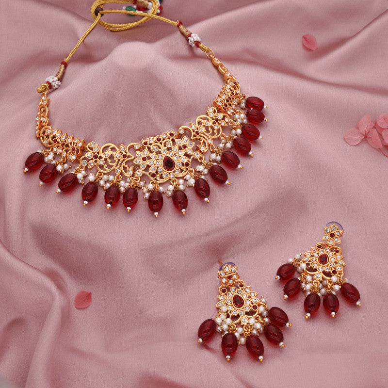 Tehzeeb Creations Gold-Polished Maroon & Green Colour Necklace With Stud | Grocsy