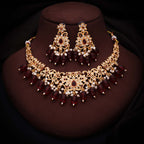 Tehzeeb Creations Gold-Polished Maroon & Green Colour Necklace With Stud | Grocsy
