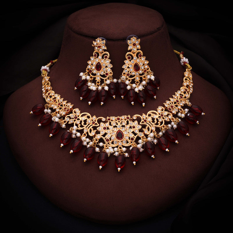 Tehzeeb Creations Gold-Polished Maroon & Green Colour Necklace With Stud | Grocsy