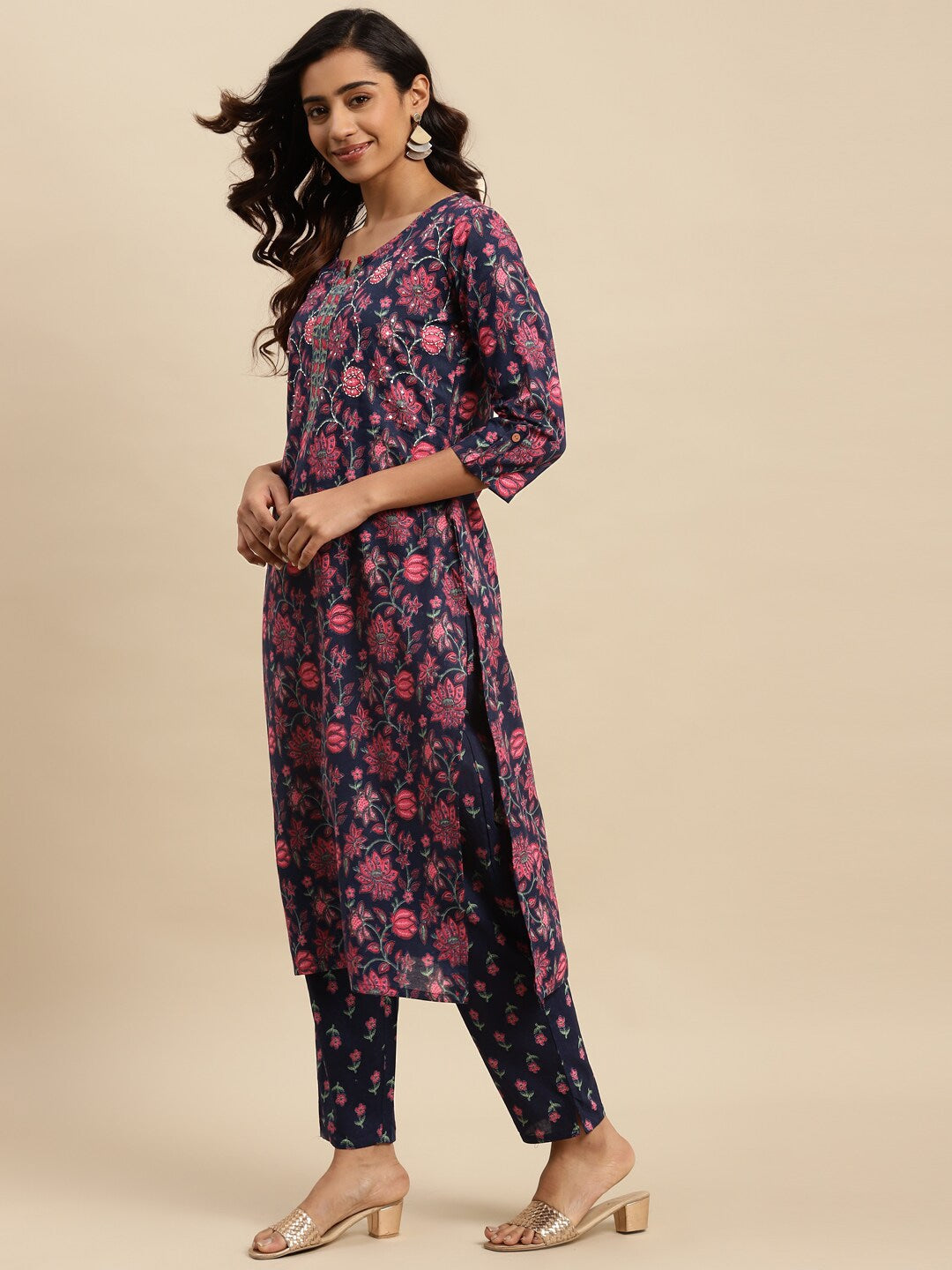 Sangria Navy Blue Floral Printed Beads and Stones Pure Cotton Kurta With Trouser & Dupatta | Grocsy