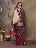 Joban Fashion Maroon Floral & Botanical Motifs Satin Silk Banarasi Silk Saree | Grocsy