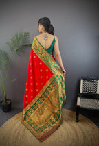 Elora Red Soft Silk Butti Zari Weaving Constrast Pallu Banarasi Saree | Grocsy