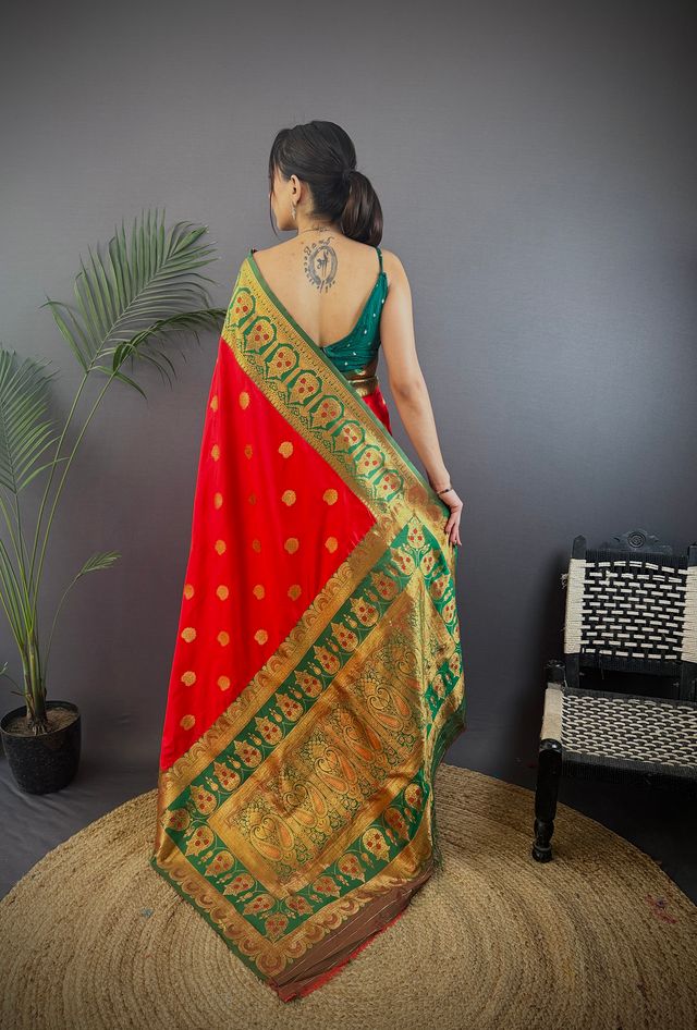 Elora Red Soft Silk Butti Zari Weaving Constrast Pallu Banarasi Saree | Grocsy