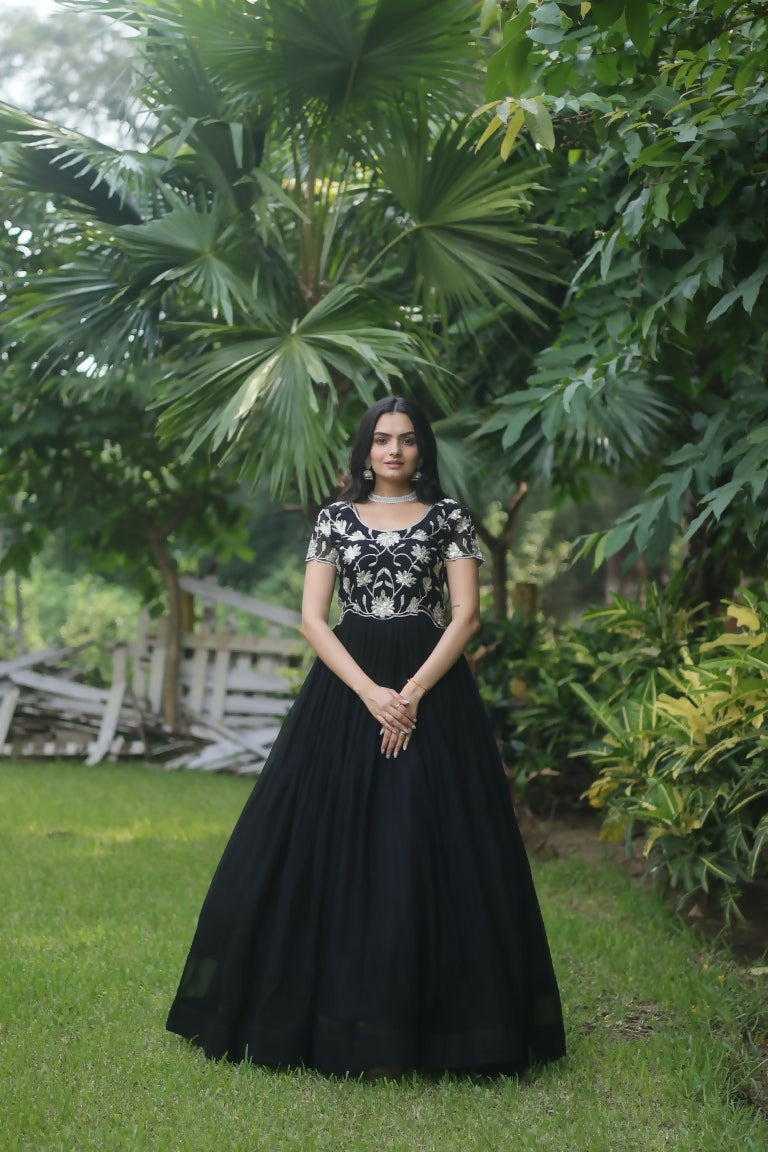 Jyoti Fashion Women's Black Sequins Embroidered Faux Georgette Anarkali Dress | Grocsy