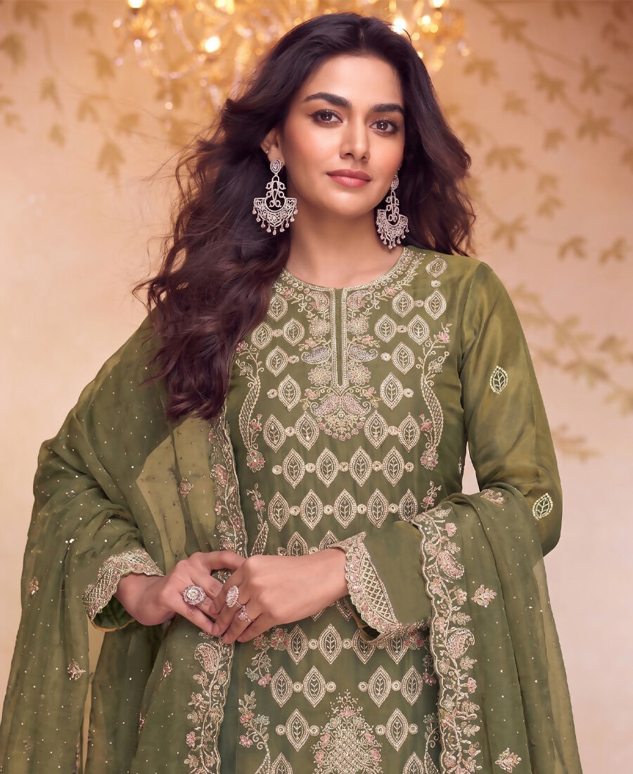 KC Heavy Embroidery Worked Two Ton Moss Silk Parrot Green Suit For Women | Grocsy