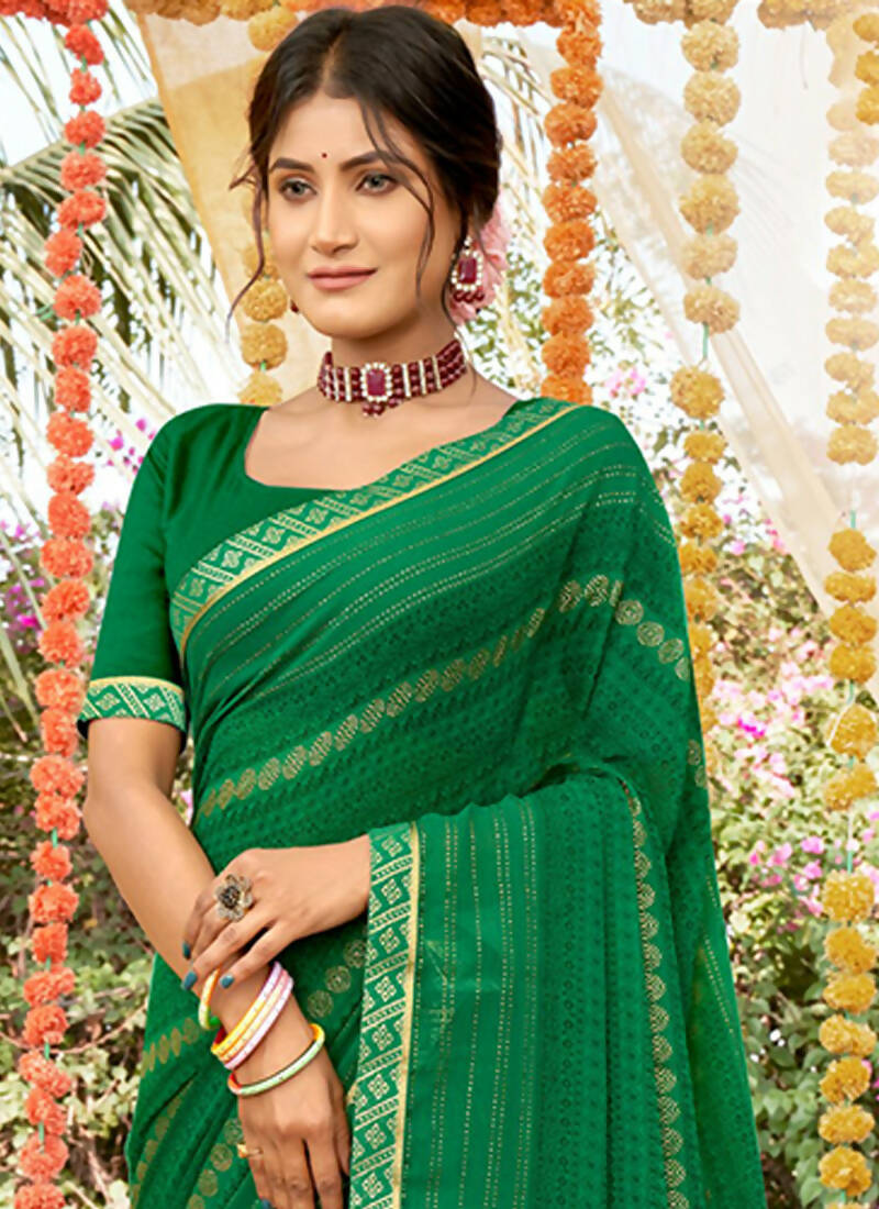 Green Georgette Foil Printed Saree with Unstitched Blouse Piece - Avika | Grocsy