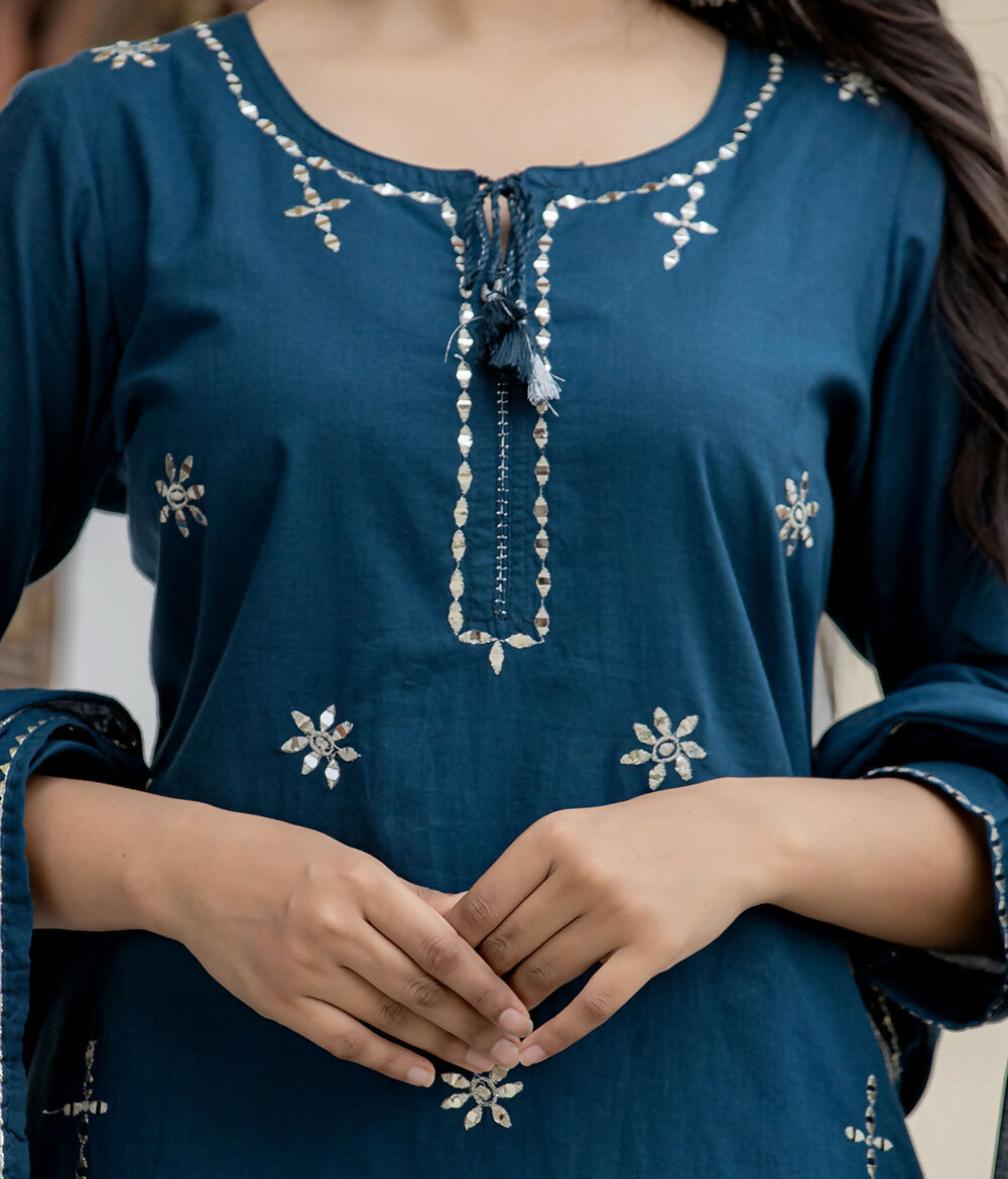 Kaajh Women's Navy Blue Mirror Embellished Cotton Suit Set | Grocsy