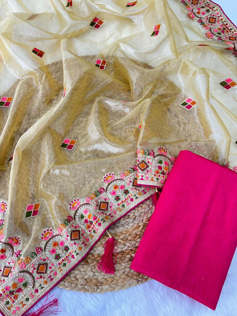 Vastranavya Twill Net Designer Embroidery & Colour Thread & Diamond work Saree with Blouse Material - Yellow | Grocsy