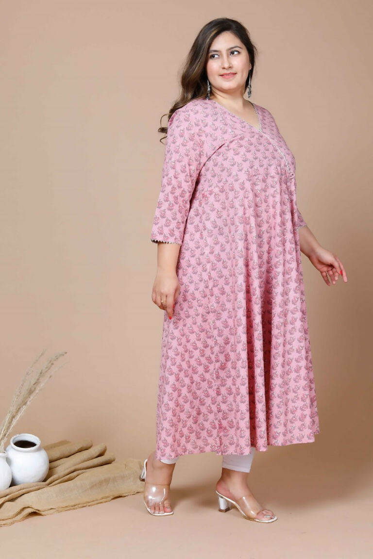 Miravan Women's Pink Plus Size Cotton Floral Print Long Anarkali Kurta | Grocsy