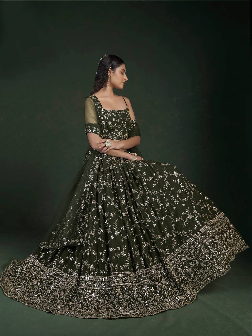 Tulsi Art Desirable Olive Green Sequins Embroidered Georgette Lehenga Choli | Grocsy