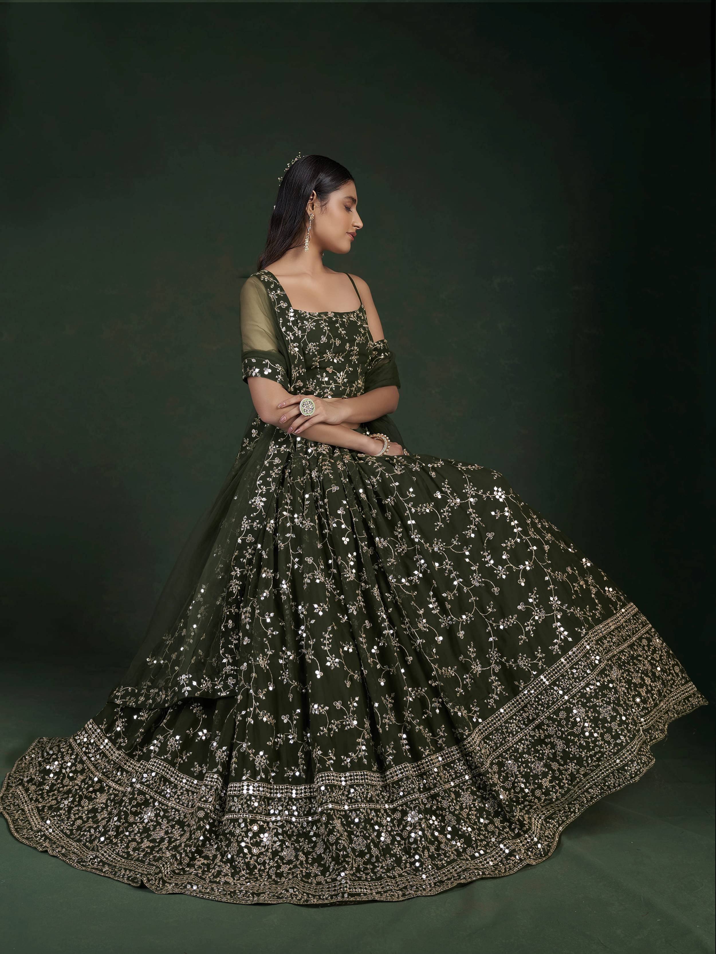 Tulsi Art Desirable Olive Green Sequins Embroidered Georgette Lehenga Choli | Grocsy