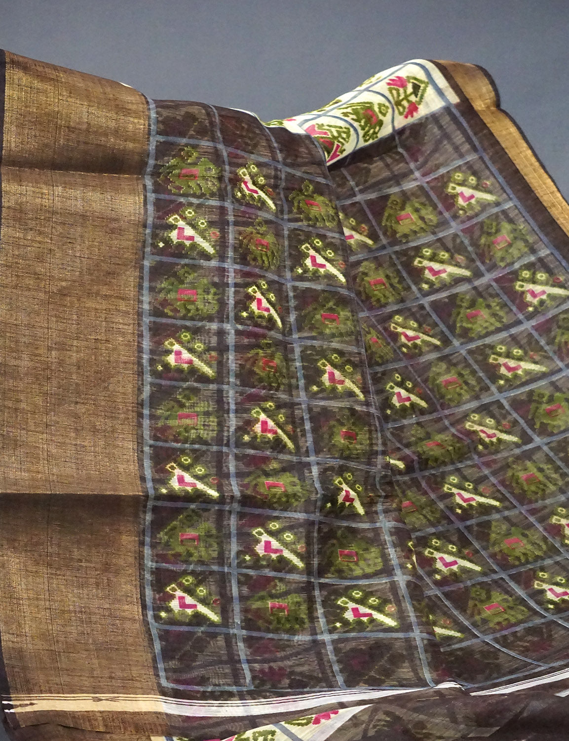 Shades of Light Apple Green And Dark Mehndi Green Colour Blouse Ikat Design Semi Chanderi Saree By Gayathri Reddy Designer Studio | Grocsy