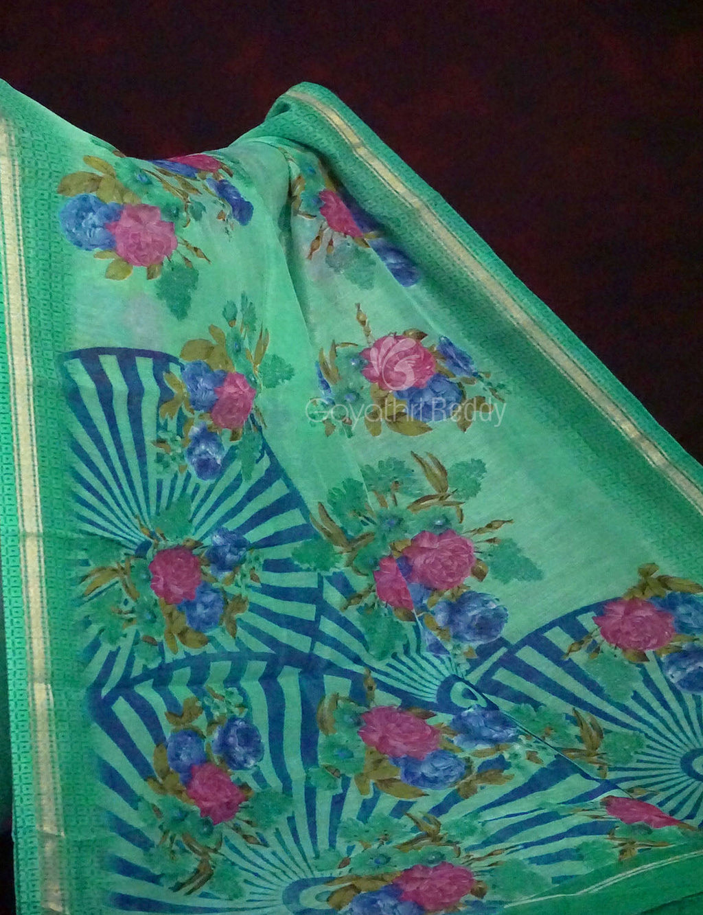 Rama Green Floral Design Semi Chanderi Saree By Gayathri Reddy Designer Studio | Grocsy
