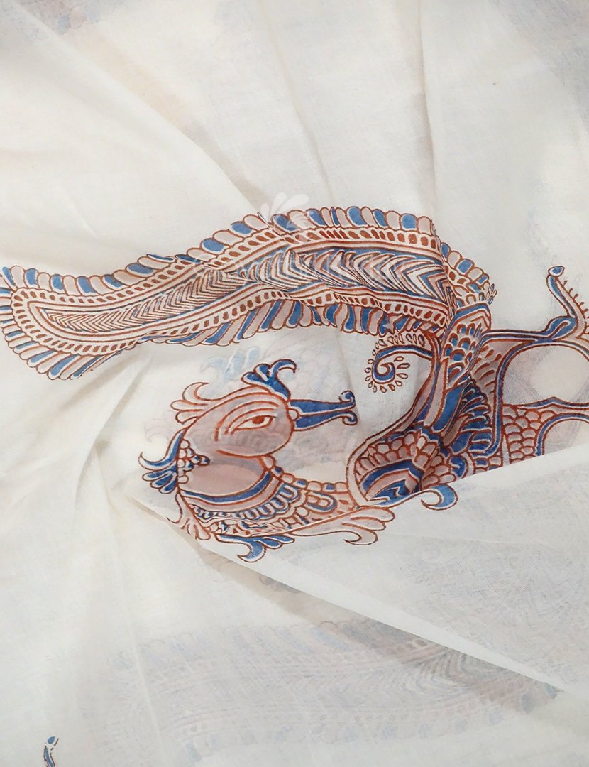Cream Colour Peacock Block Print Crocia Mulmul Cotton Saree By Gayathri Reddy Designer Studio | Grocsy